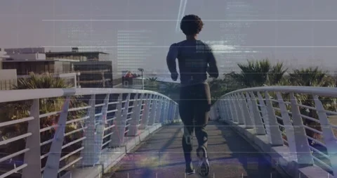 Animation of computer language over rear view of african american man running on Stock Footage 329289441