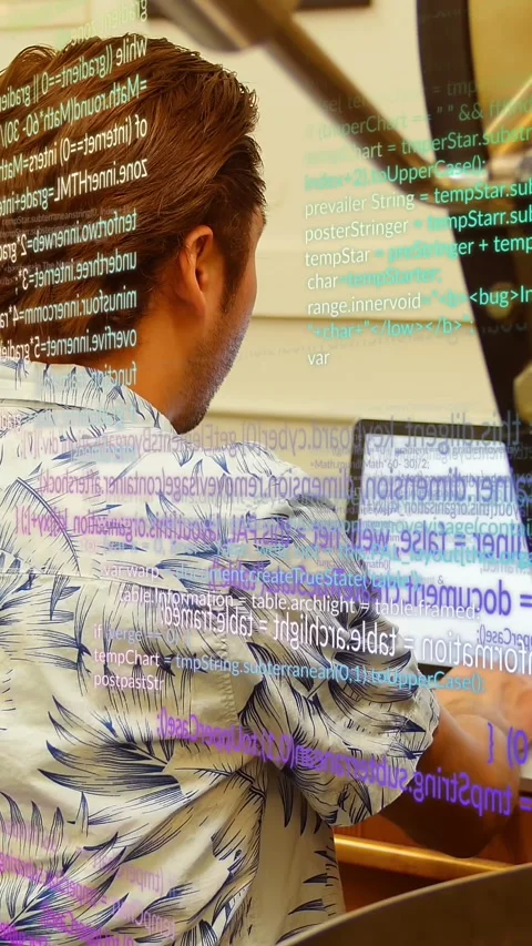 Animation of computer language over rear view of caucasian man working on laptop Stock Footage 344595779
