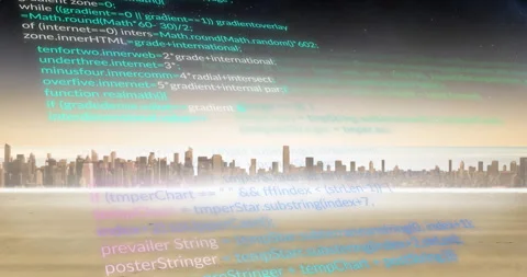 Animation of computer language over river and skyscrapers against sky 스톡 동영상 310978060