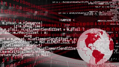 Animation of computer language over rotating globe and binary codes on black Stock Footage 233650115