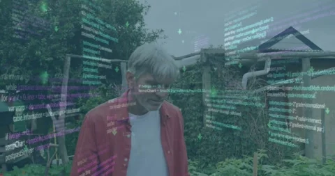 Animation of computer language over senior caucasian man doing gardening Stock Footage 329289521