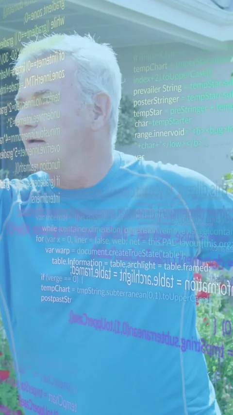 Animation of computer language over senior caucasian man stretching hands in Stock Footage 341659725