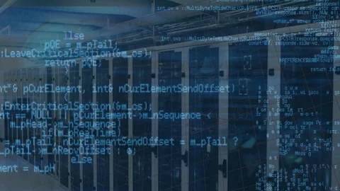 Animation of computer language over server room in background Stock Footage 327127747