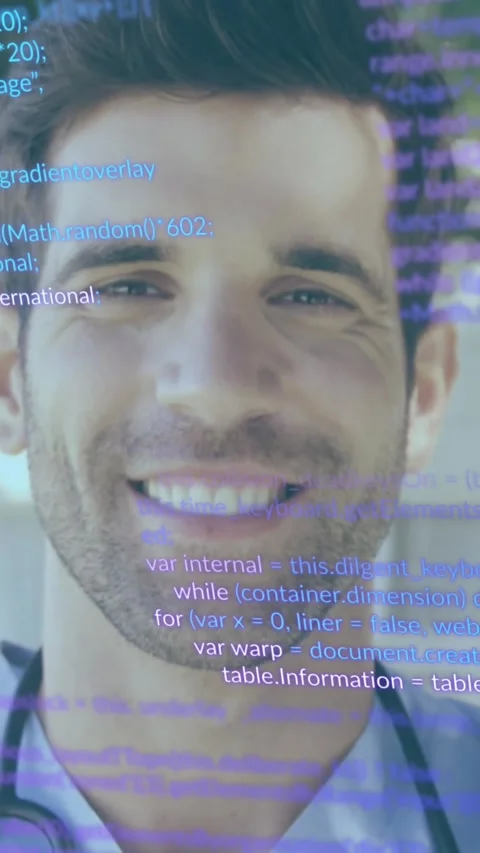Animation of computer language over smiling caucasian doctor with stethoscope Stock Footage 321513755