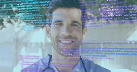 Animation of computer language over smiling caucasian doctor with stethoscope Stock Footage 328251601