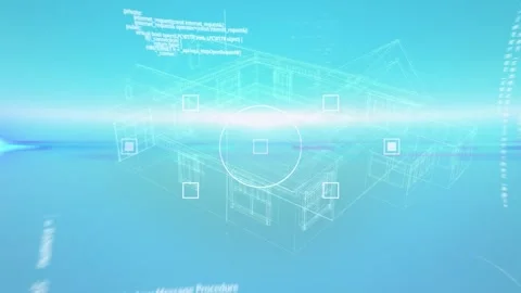 Animation of computer language over squares and circle against 3d model of house Stock Footage 245331222