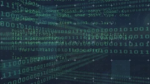 Animation of computer language over squares against looping binary codes on Video stock 246533449