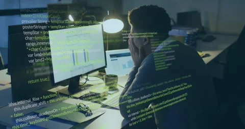 Animation computer language over tired man preparing reports on computer in Stock Footage 330771912