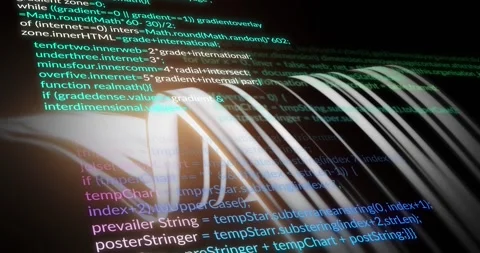 Animation of computer language over wave pattern against black background Video stock 327583711