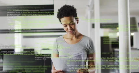 Animation of computer language over woman standing and analyzing reports in Stock Footage 329775692