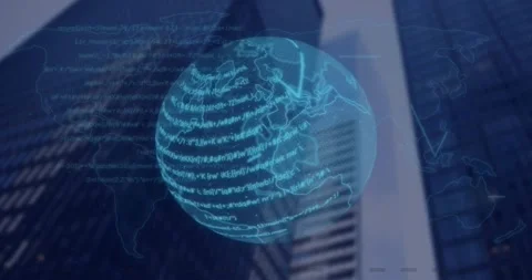 Animation of computer language on rotating globe, low angle view of buildings Stock Footage 328709996