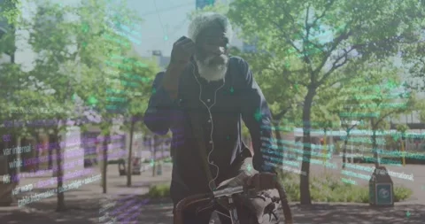 Animation of computer language, senior african american man adjusting headphone Stock Footage 328710001