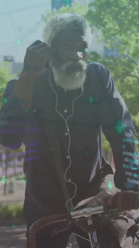 Animation of computer language, senior african american man adjusting headphone Stock Footage 343643510