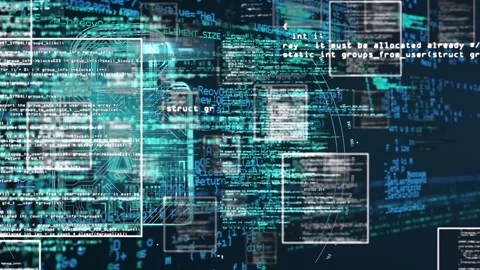Animation of computer language, squares over circuit board pattern in padlock on Stock Footage 233052062