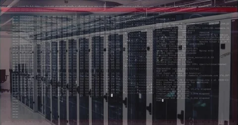 Animation of computer language in terminal interface over data server room Video stock 328303823