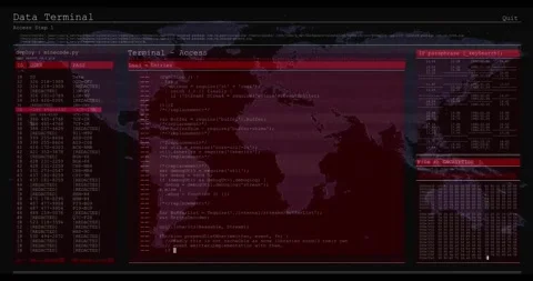 Animation of computer language in terminal interface and map over black Stock Footage 329368943