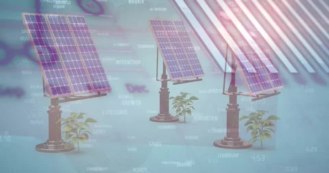 Animation of computer language, texts, graphs and globe over solar panels and Stock Footage 330251166