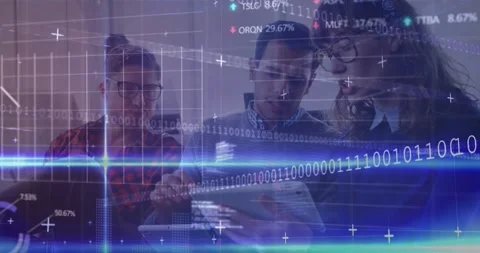 Animation of computer language, trading board, graphs, binary codes, diverse 動画素材 236436230