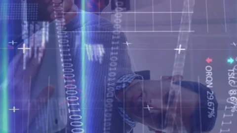 Animation of computer language, trading board, graphs, binary codes, diverse Stock Footage 312548551
