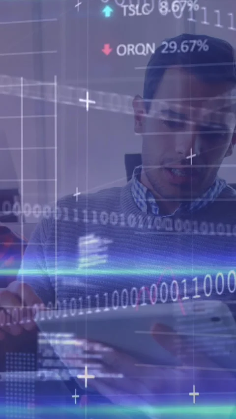 Animation of computer language, trading board, graphs, binary codes, diverse Stock Footage 321513492