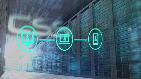 Animation of computer, laptop and smartphone connection with coding language in 動画素材 203875522