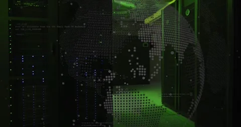 Animation of computer programming language and globe over illuminated server 스톡 동영상 328015443