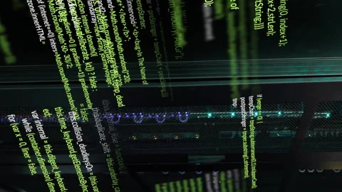 Animation of computer programming language over data server room Stock Footage 314120837