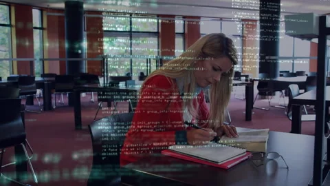 Animation of computer programming language over caucasian woman writing in book Stock Footage 316218446