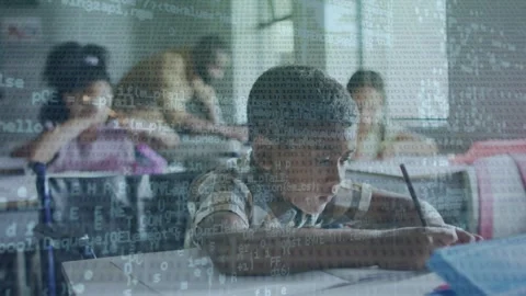 Animation of computer programming language over asian boy writing in book in 스톡 동영상 327523799