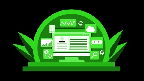 Animation of a computer screen with data and analytics icons on a black bac.. Stock Footage 317114177