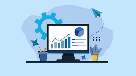 Animation of a computer screen displaying graphs and charts, with a paper p.. Stock Footage 320730422
