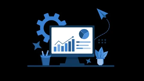 Animation of a computer screen displaying graphs and charts, with a paper p.. Stock Footage 320730568