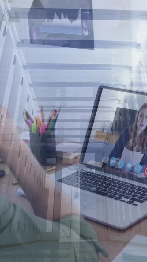 Animation of computer servers over man using laptop on video call Stock Footage 343079630