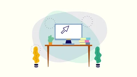 Animation of a computer setup on a desk with plants and books, featuring a .. Stock-Footage 338314976