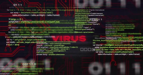 Animation of computer virus warning with code and circuitry overlay on screen Stock Footage 304768697