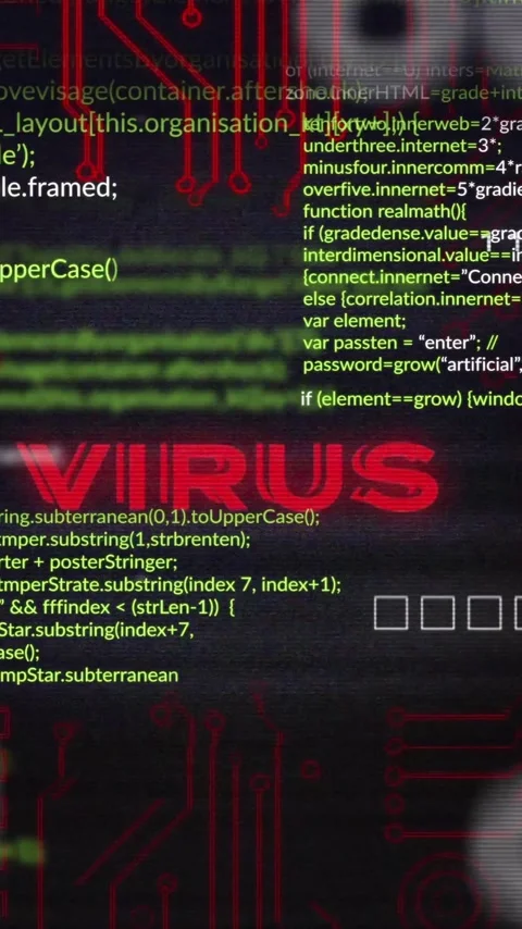 Animation of computer virus warning with code and circuitry overlay on screen Stock Footage 319822698