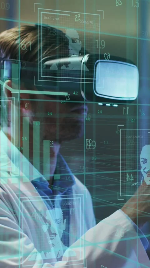 Animation of computing data processing over man using vr headset 動画素材 342031310