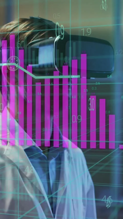Animation of computing data processing over man using vr headset 스톡 동영상 342031312