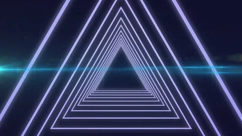 Animation of concentric lilac triangle tunnel over beam of blue light on dark Stock Footage 266198554
