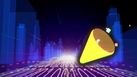 Animation of confetti and binary coding over digital city Stock Footage 330593028