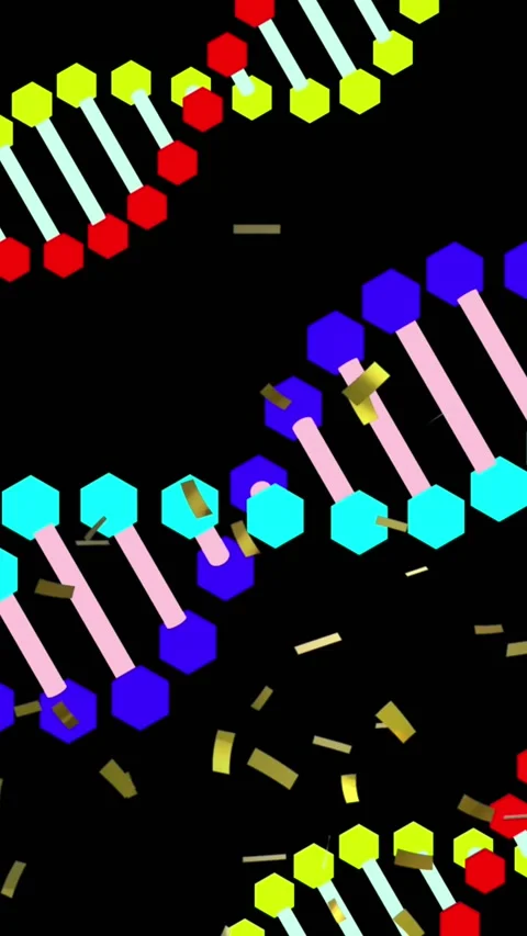 Animation of confetti falling and three dna strands moving on black background Stock Footage 344669227