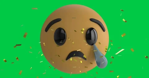 Animation of confetti falling over crying emoji emoticon icon on green screen Stock Footage 328412326