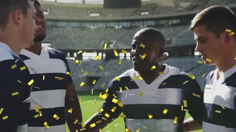 Animation of confetti falling over diverse male rugby players clapping hands Stock Footage 326297831