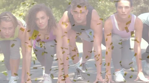 Animation of confetti falling over diverse women and men preparing for run 스톡 동영상 330290969