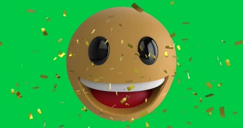 Animation of confetti falling over smiling emoji emoticon icon over green screen Видео 162981546