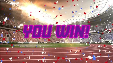 Animation of confetti falling over you win text banner against sports stadium Stock Footage 330400318