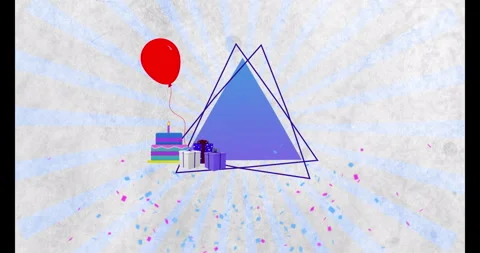Animation of confetti, presents and cake with balloon over traingles and lines Stock Footage 307816825