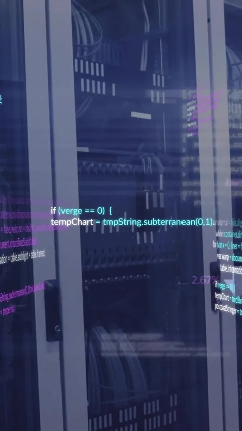 Animation of connected arrows and computer language over data server racks in Stock Footage 343082731