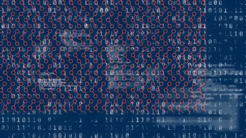 Animation of connected circles and falling binary codes against black background Stock Footage 257174586