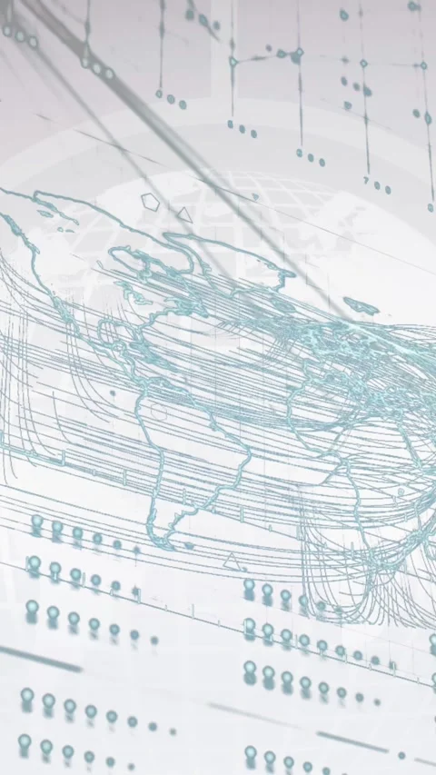 Animation of connected circles, loading bars, globes and map over white Stock Footage 344706439